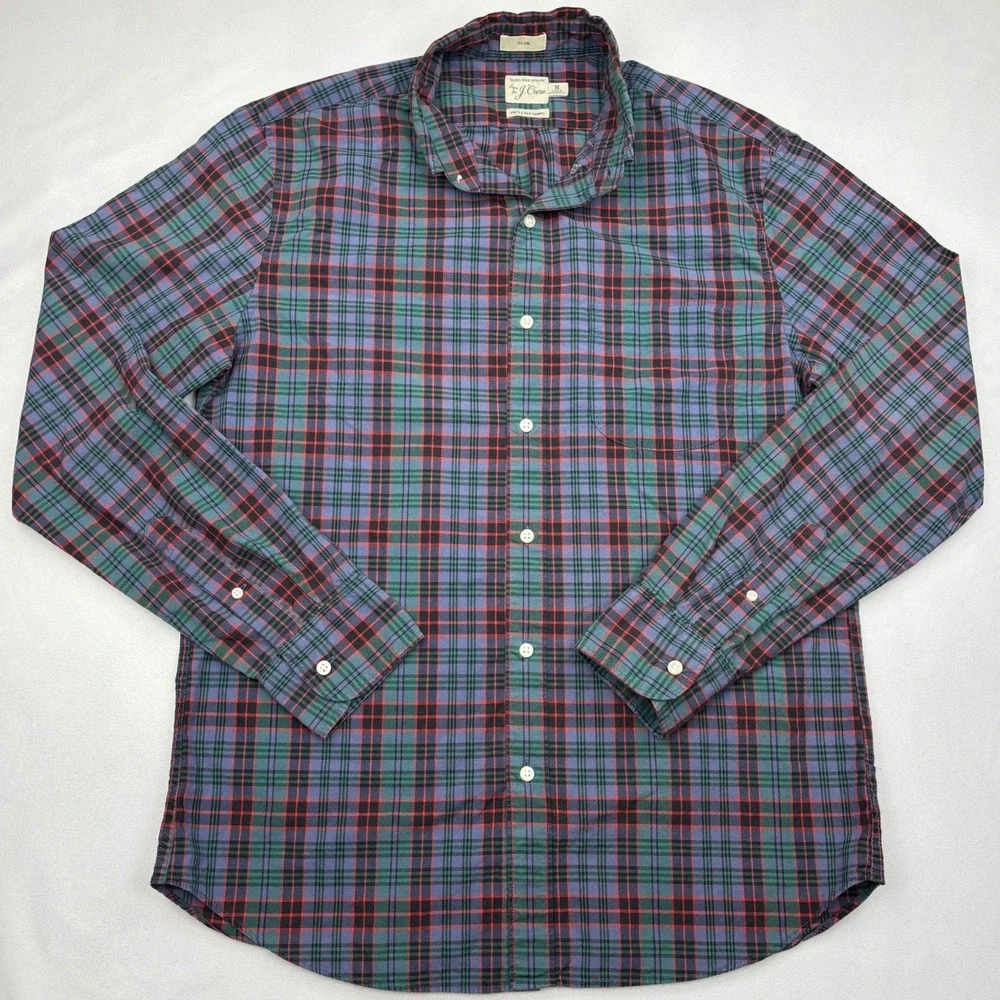 JCrew Secret Wash Shirt Mens Medium Slim Purple Green Red Plaid Button Down M